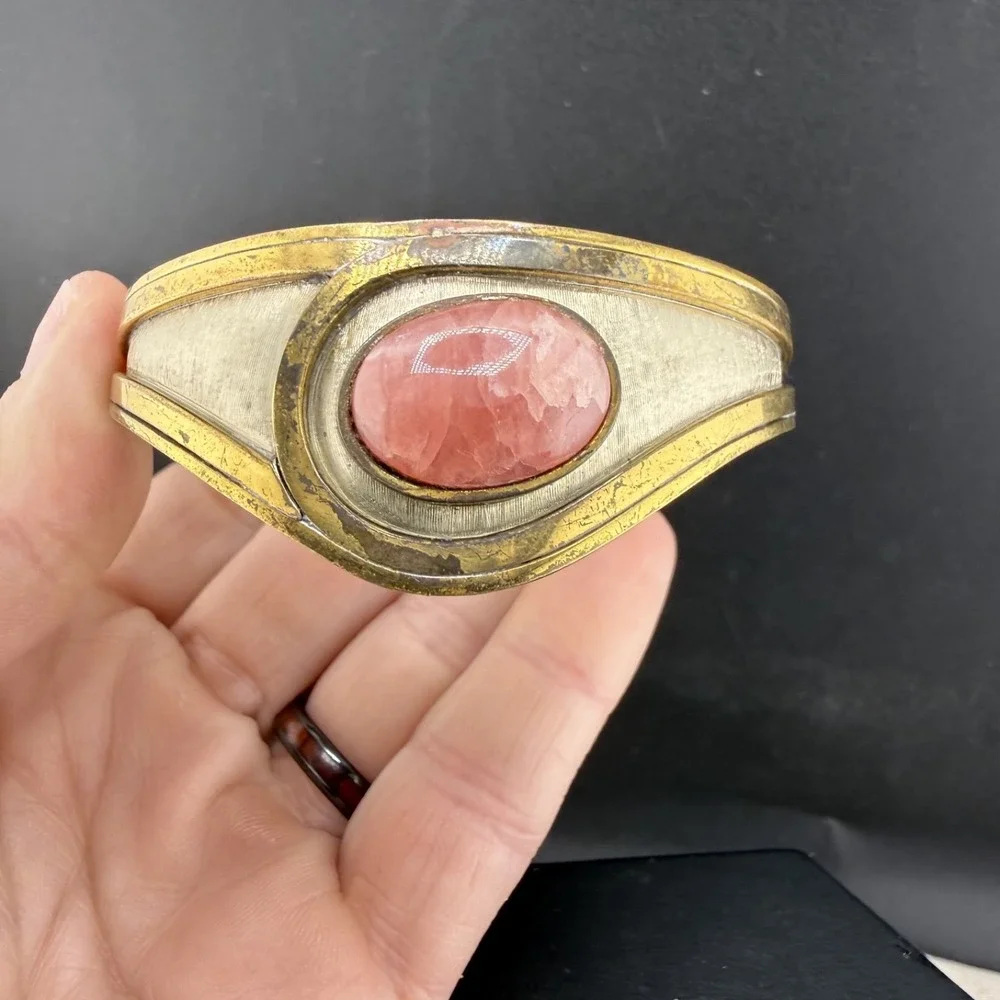 Vintage Statement Cuff Polished‎ Stone Silver and Gold Tone 6.5